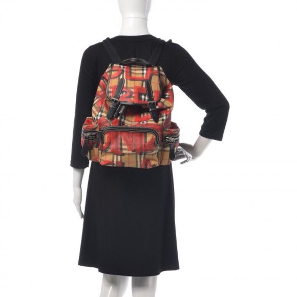 Authentic BURBERRY Vintage Check Graffiti Print Medium Rucksack Backpack Antique - Picture 3 of 13